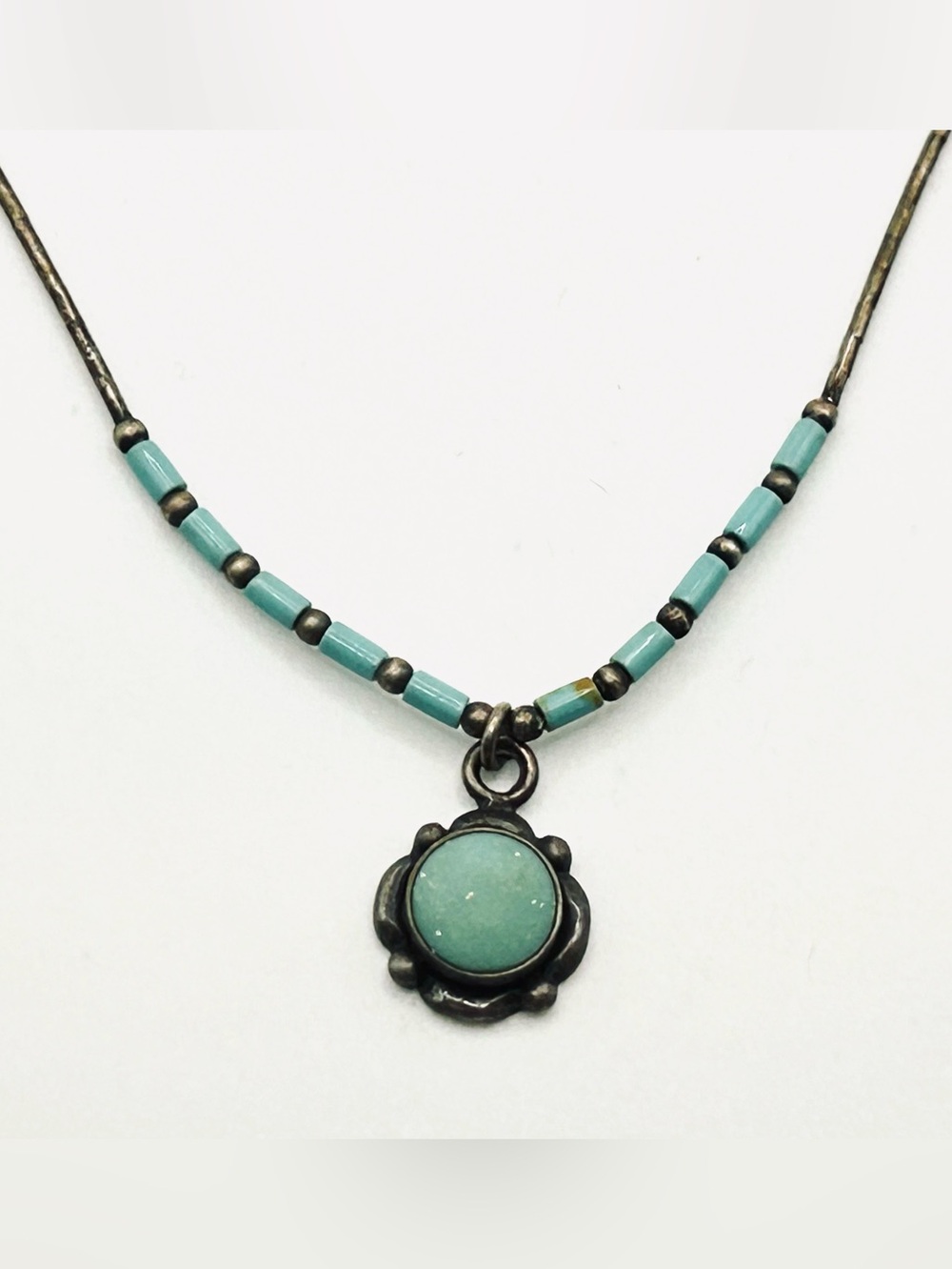 Rare American Indian Signed Vintage 5-Star Liquid Silver Turquoise Necklace